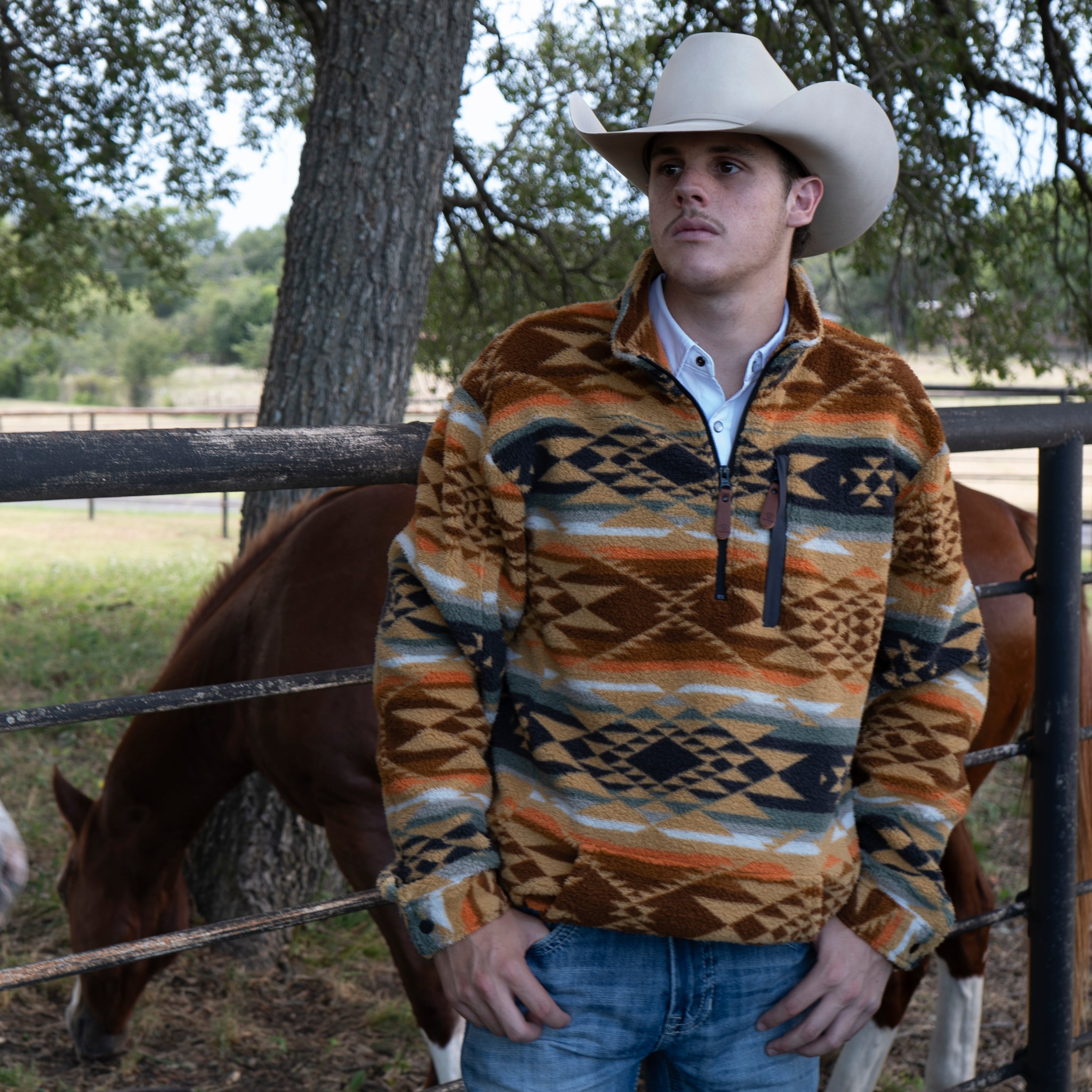 Lazy J Ranch Men's Aztec Print Quarter Zip Fleece Pullover - Mustard