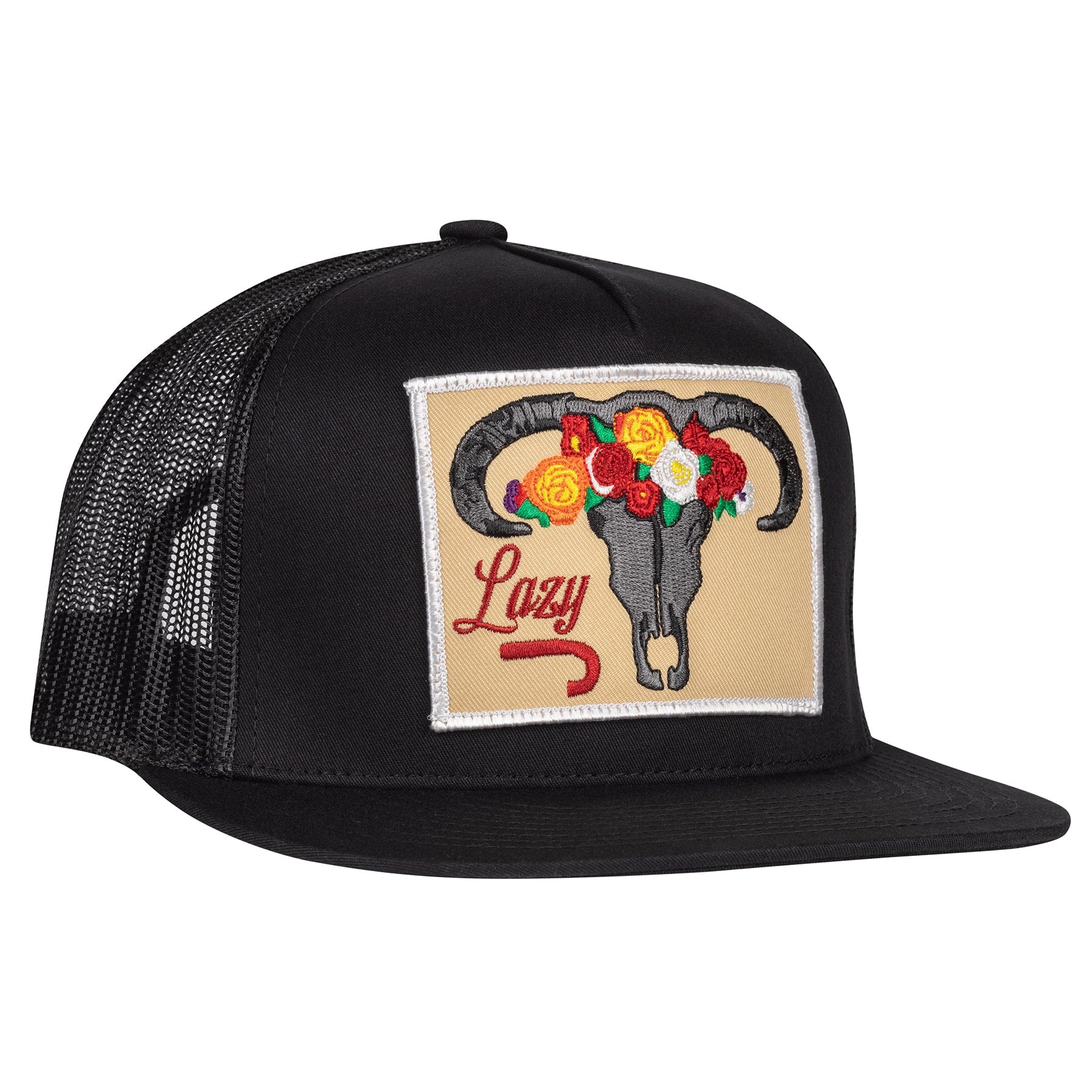 Lazy J Ranch Black Skull & Flowers Classic Five Panel Trucker Hat-BLKBLK4SKULL