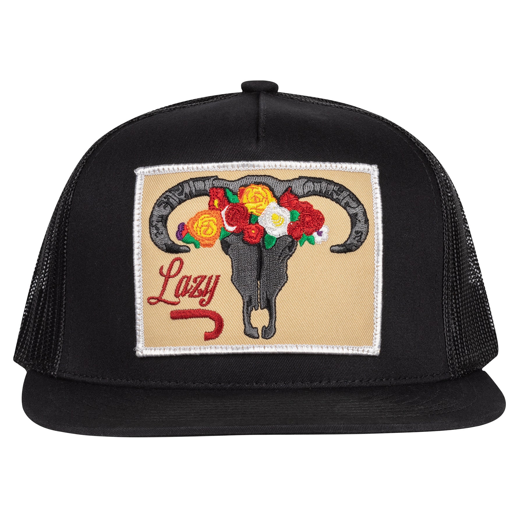 Lazy J Ranch Black Skull & Flowers Classic Five Panel Trucker Hat-BLKBLK4SKULL