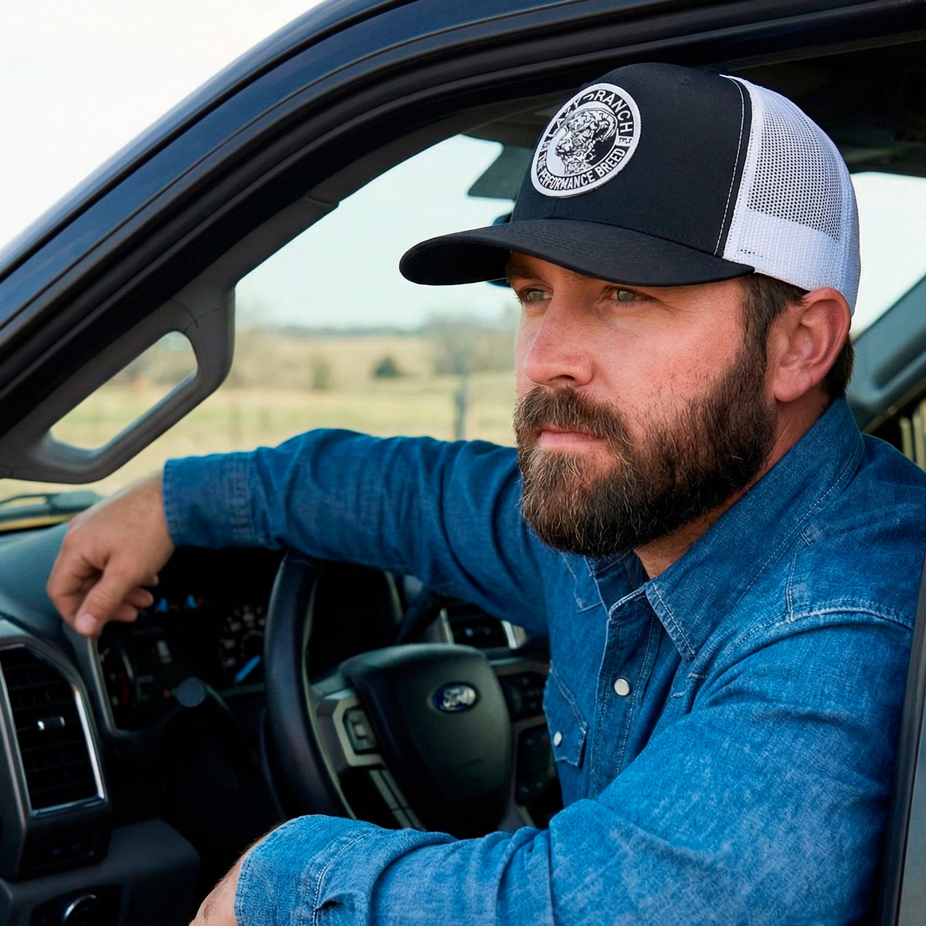 Lazy J Ranch Black & White Mid Profile Trucker Hat - Multiple Patches