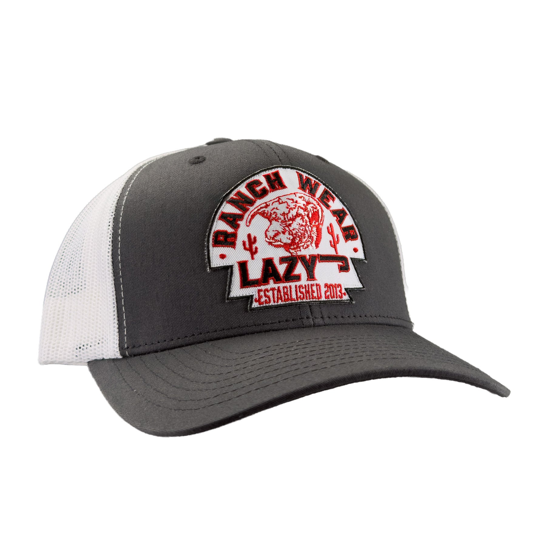 Lazy J Ranch Grey & White Mid Profile Trucker Hat - Multiple Patches