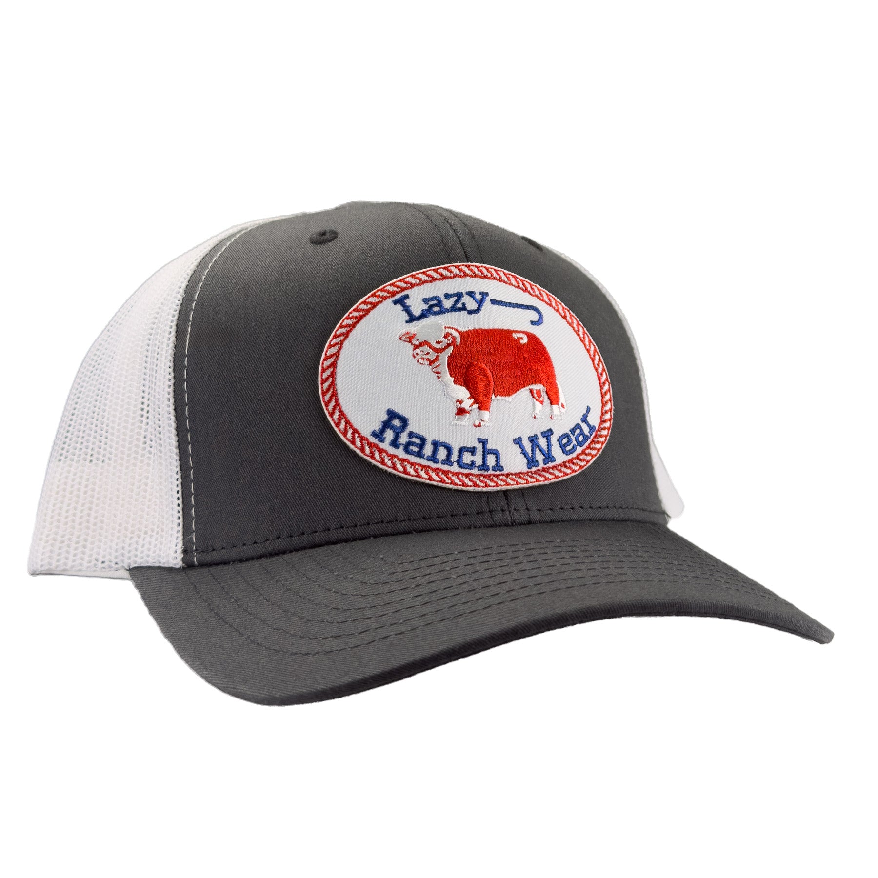 Lazy J Ranch Grey & White Mid Profile Trucker Hat - Multiple Patches