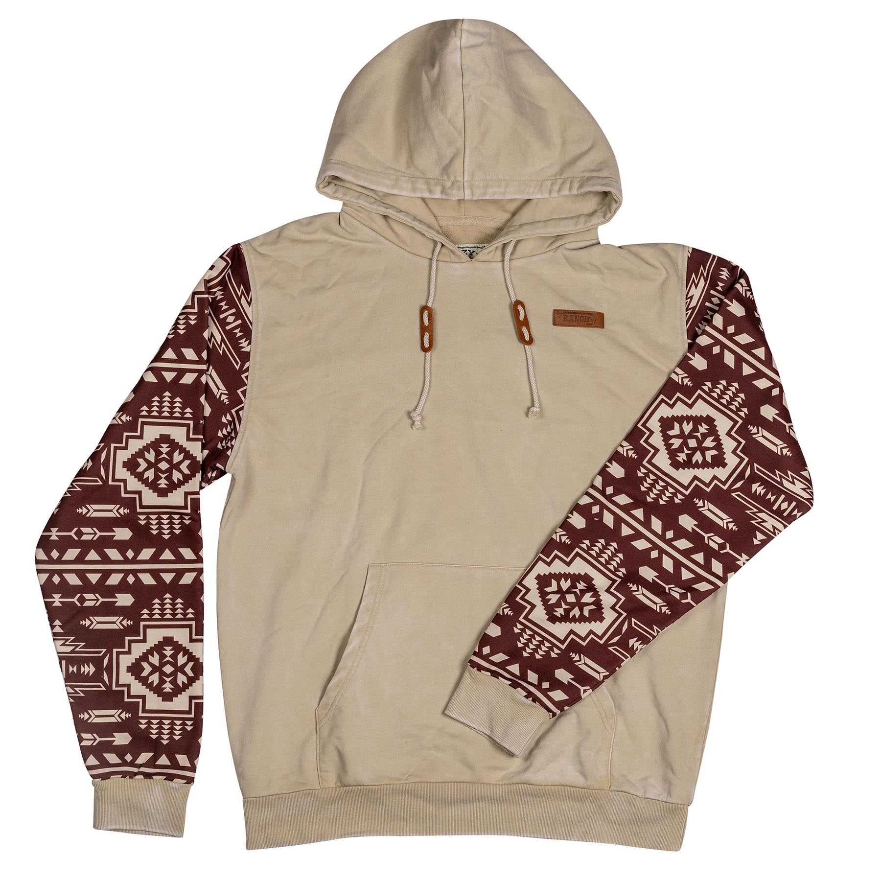 Lazy J Ranch Aztec Long Sleeve Hoodie - Tan & Maroon