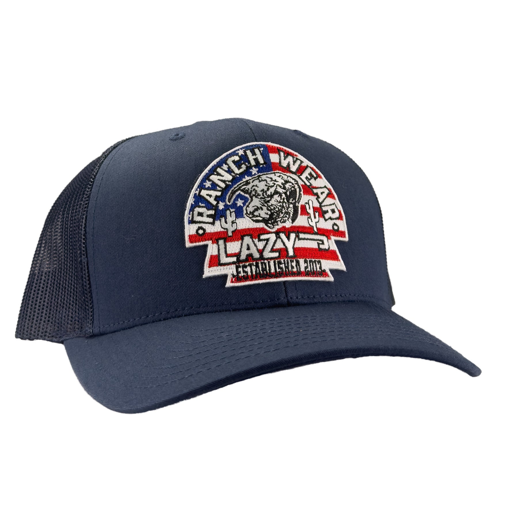 Lazy J Ranch Navy Mid Profile Trucker Hat - Multiple Patches