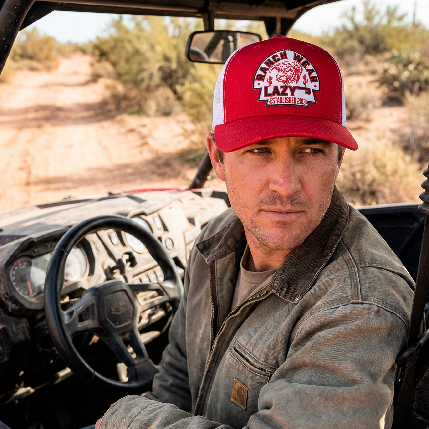 Lazy J Ranch Red & White Mid Profile Trucker Hat - Multiple Patches