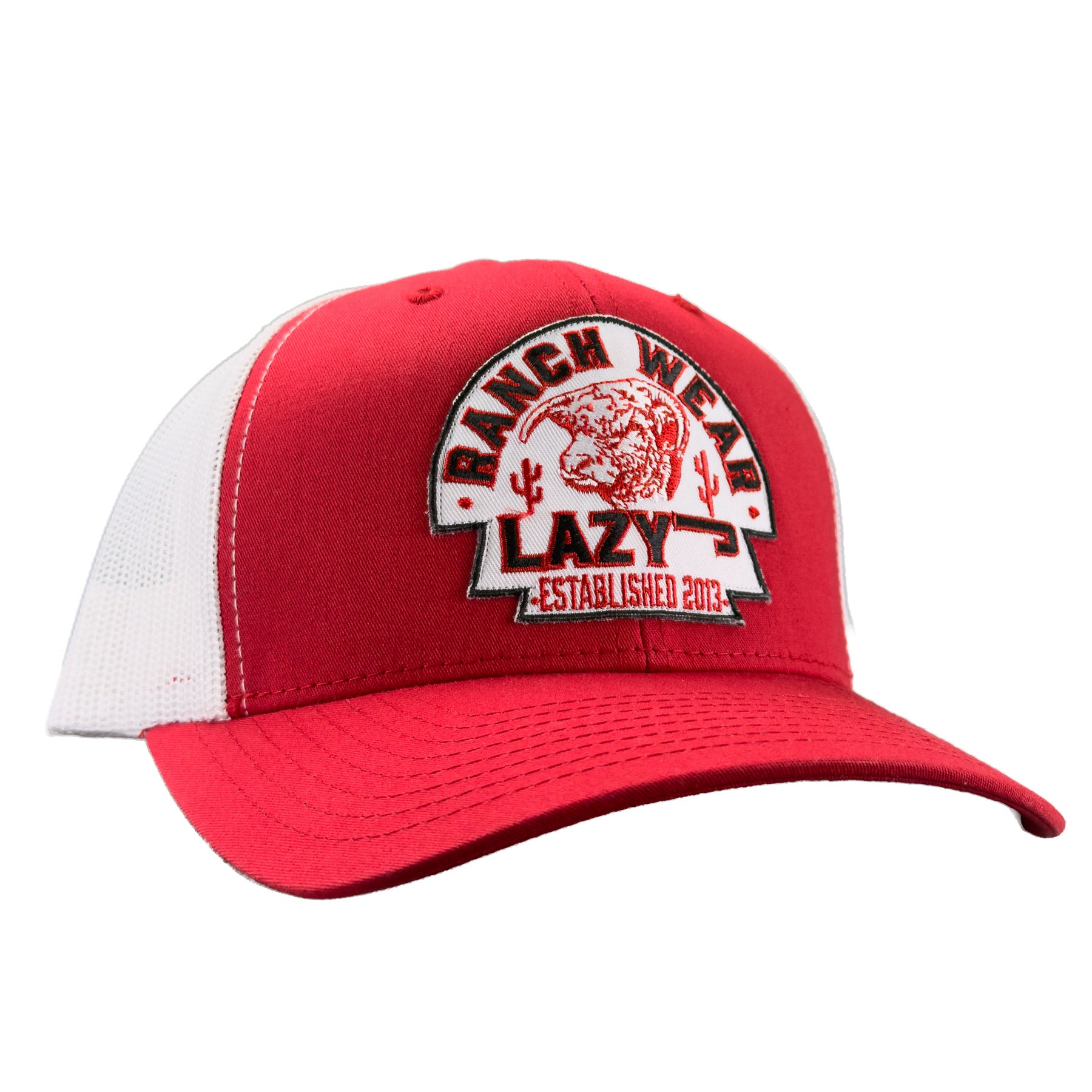 Lazy J Ranch Red & White Mid Profile Trucker Hat - Multiple Patches